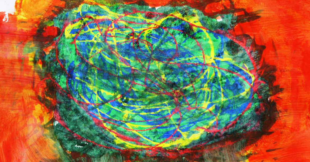 Bunte abstrakte Malerei mit wirren Linien in Blau, Gelb und Grün auf rotem Hintergrund.